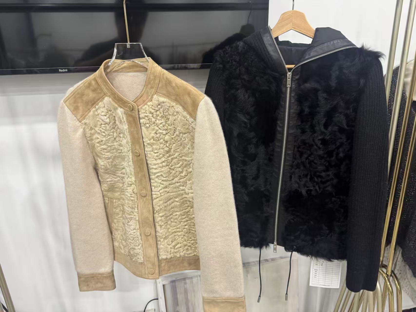 Two completed mixed-material samples shown together, with knitted sleeves and visibly different front panels