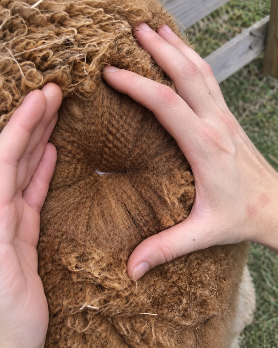 Hands parting brown fleece to show its visible structure.