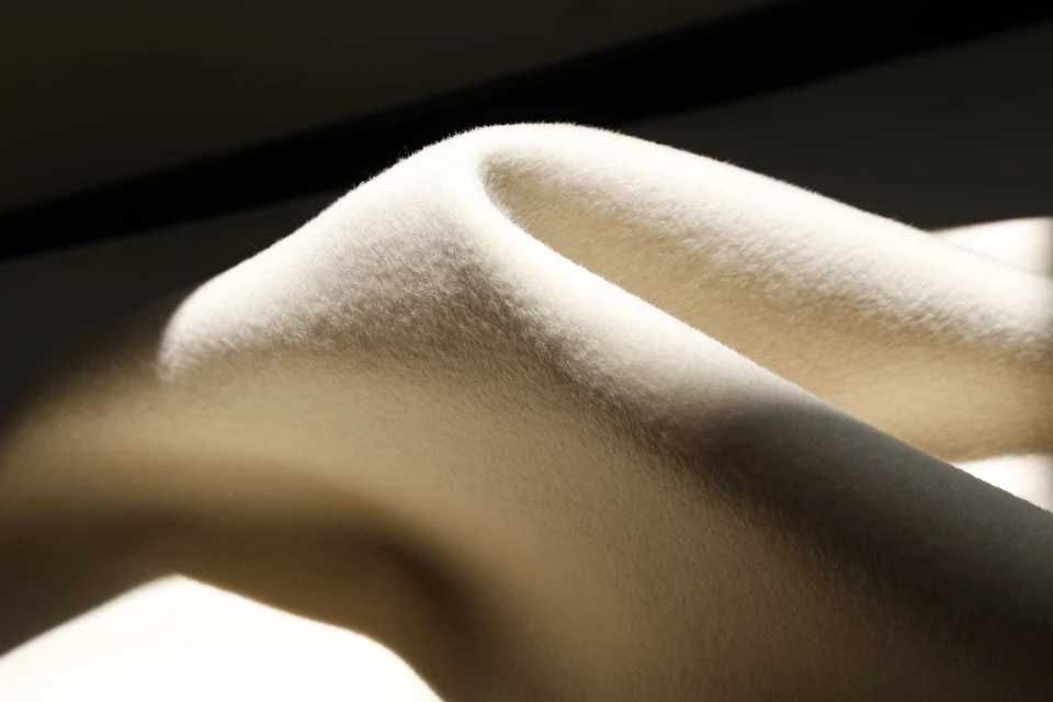 Close view of a raised fold in ivory-coloured coating fabric.