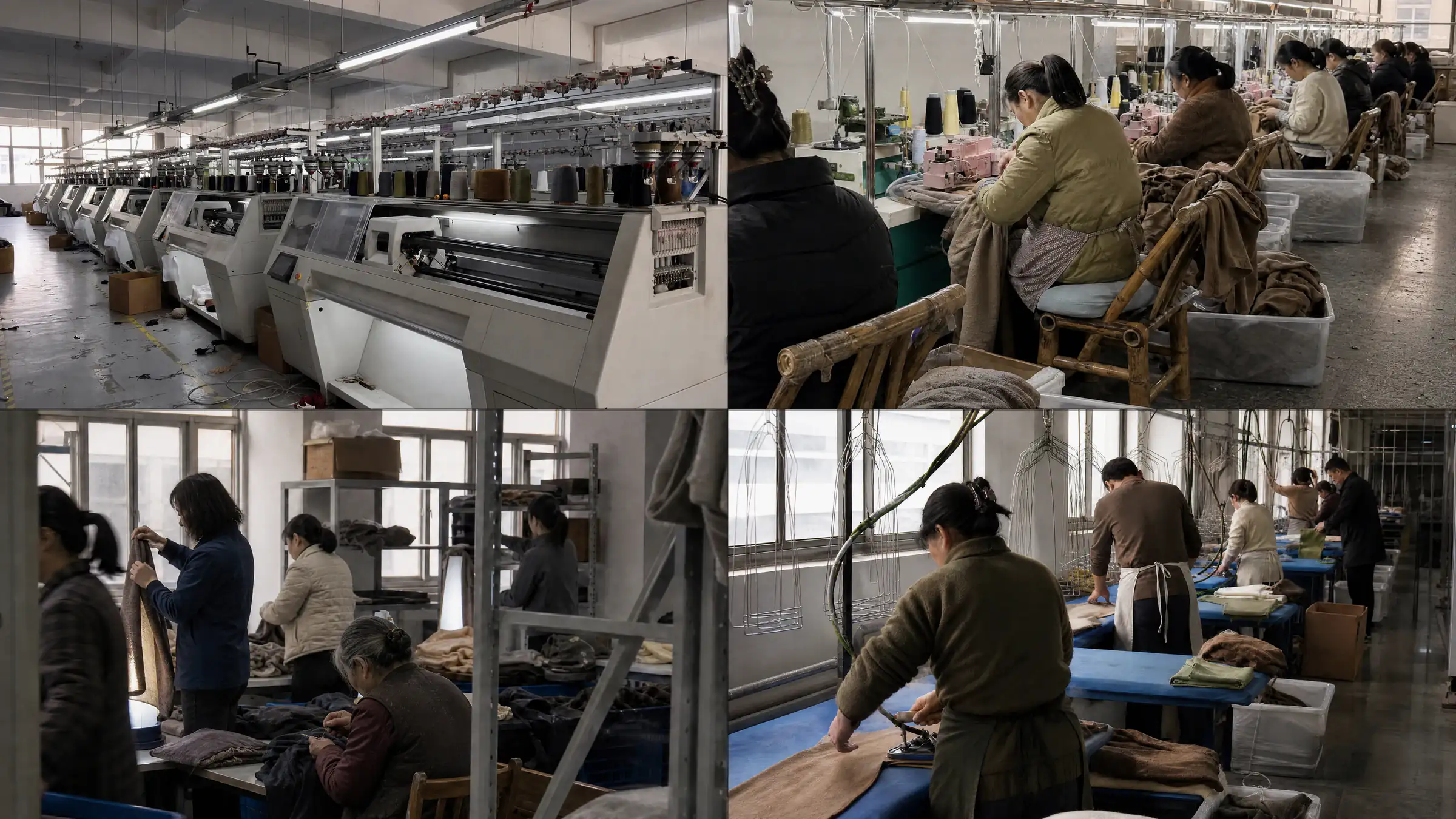Four-panel view of LuMiao knitwear production areas