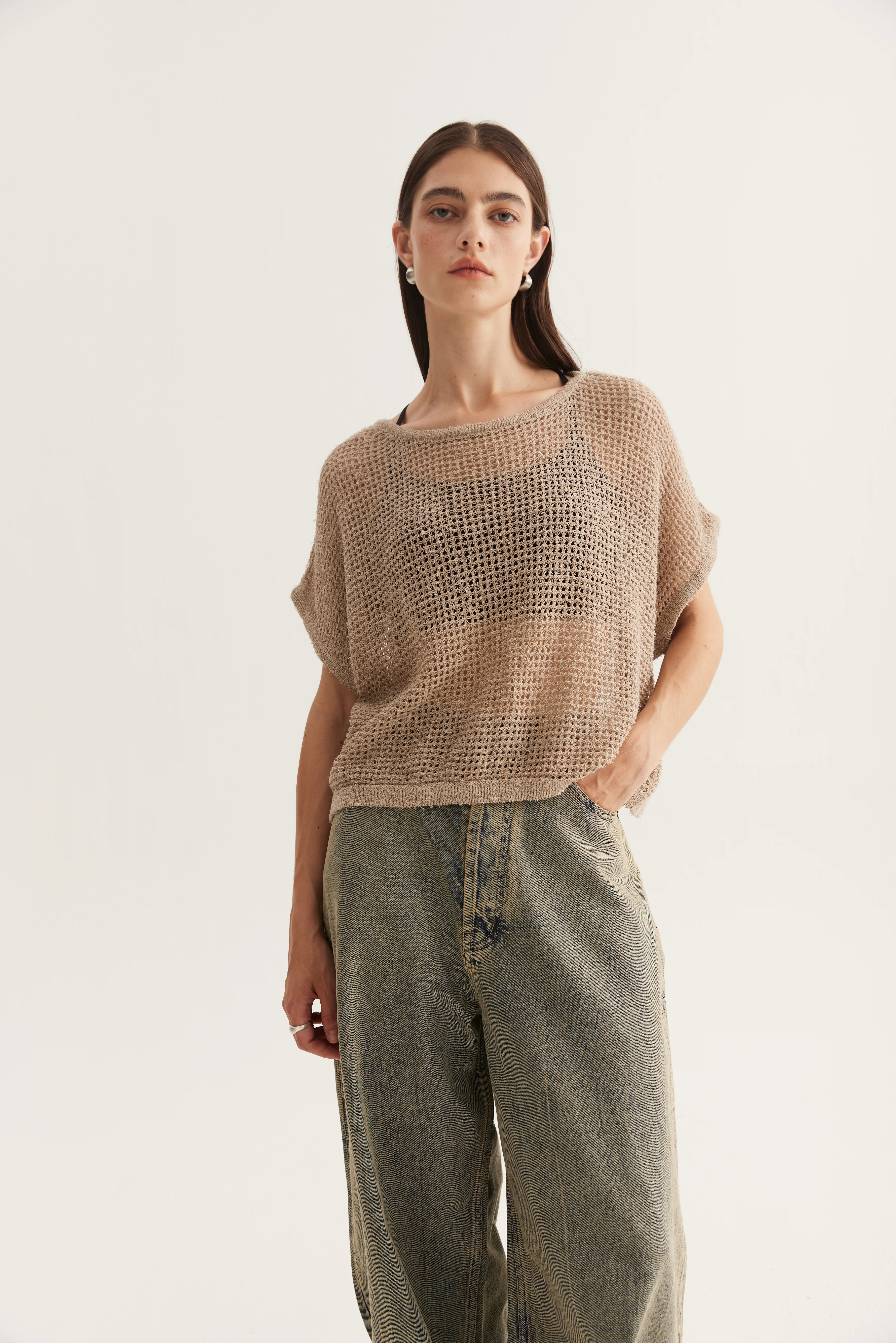 Linen-Direction Openwork Cap-Sleeve Top reference view 2