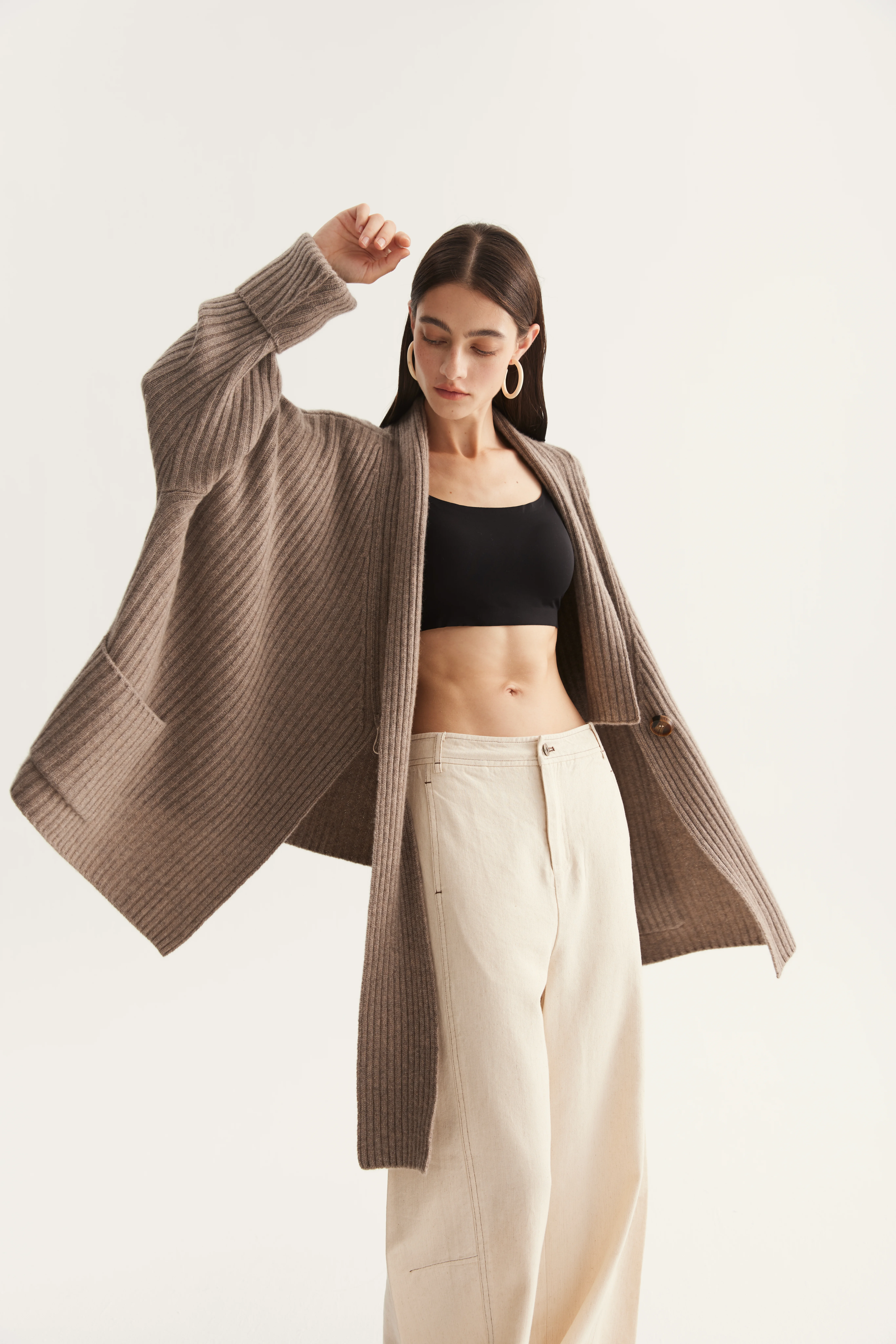Wide Ribbed Cashmere Wrap Cardigan reference view 3