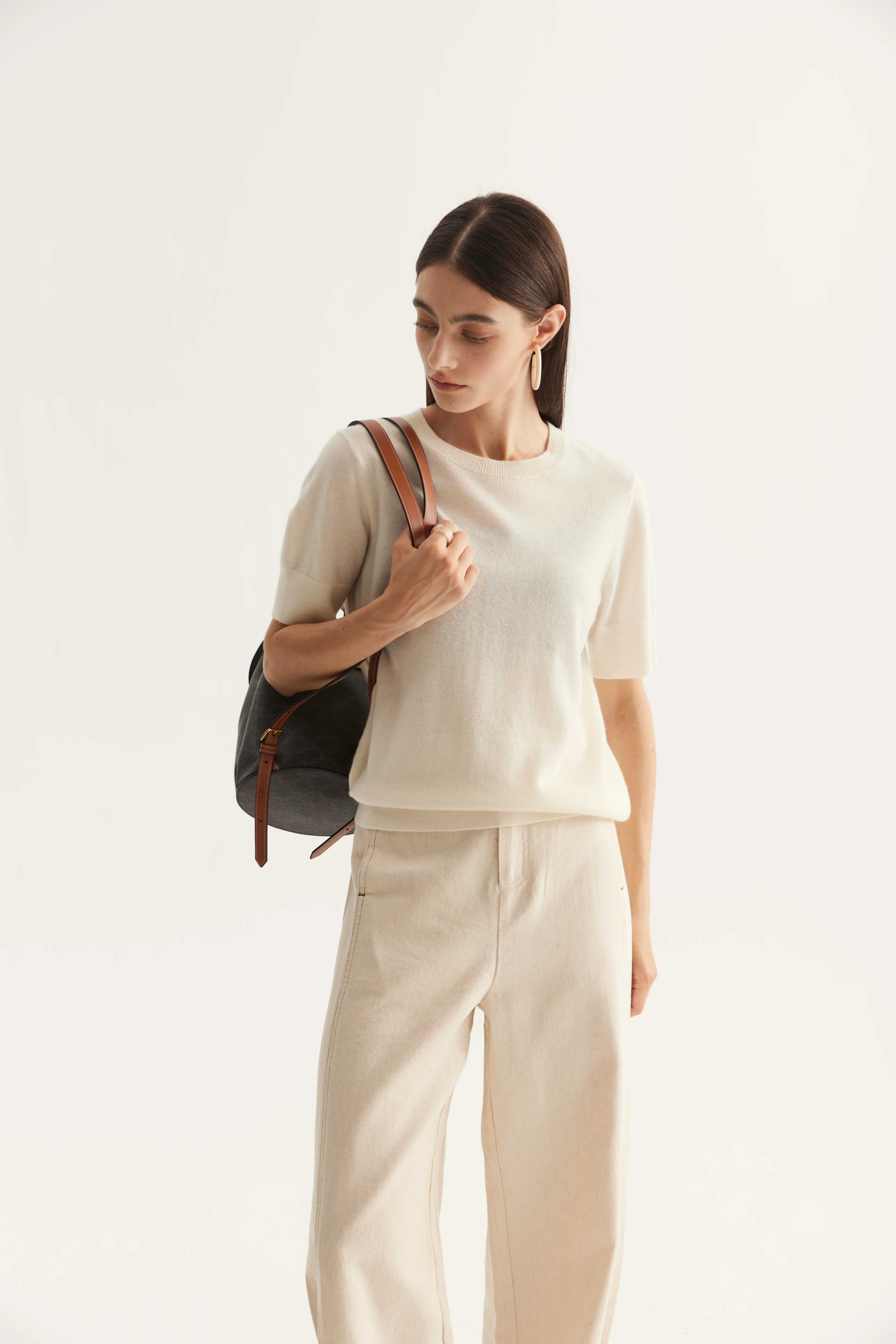 Cashmere Crewneck Short-Sleeve Knit Top reference view 3