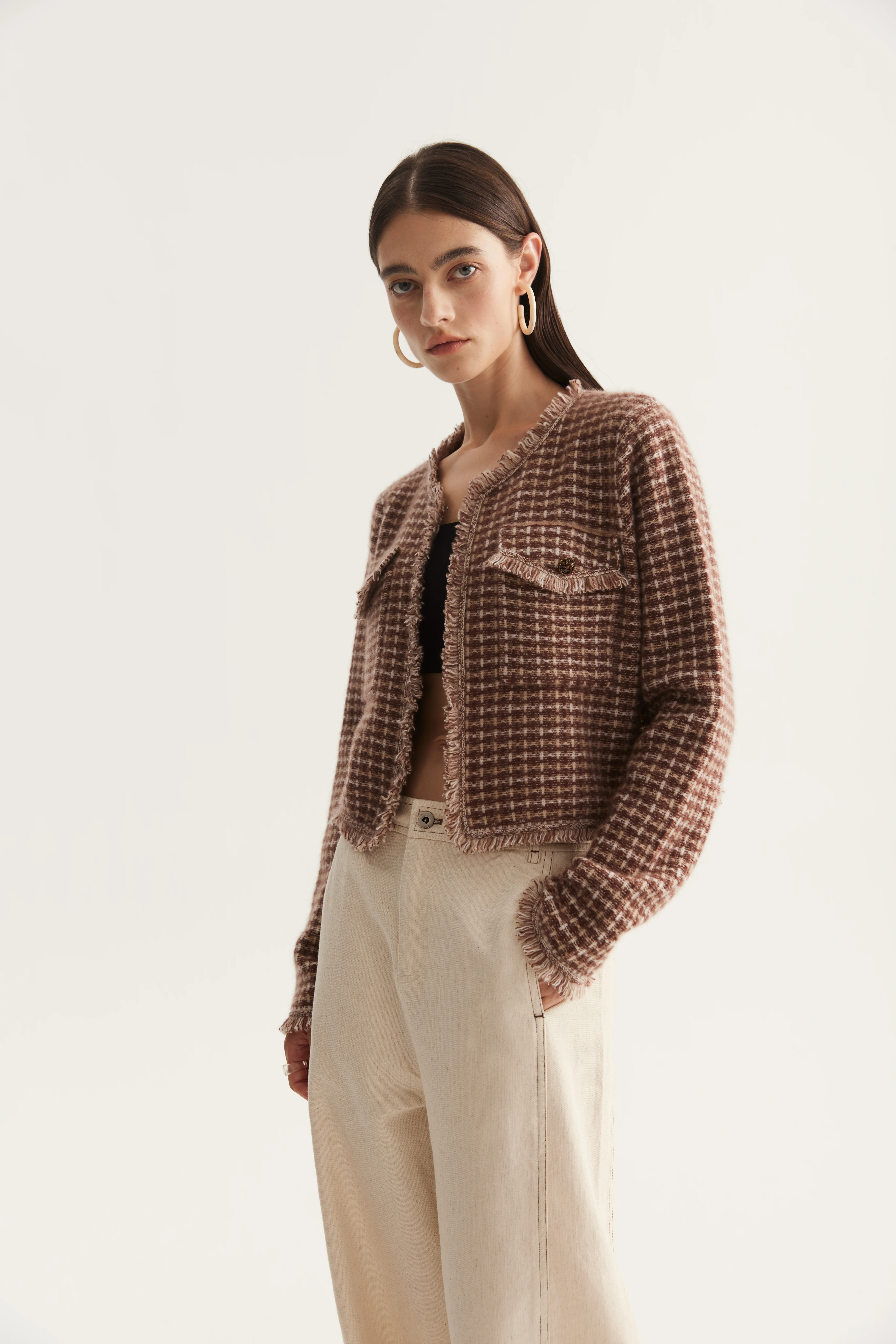 Collarless Contrast-Trim Cashmere Cardigan reference view 2