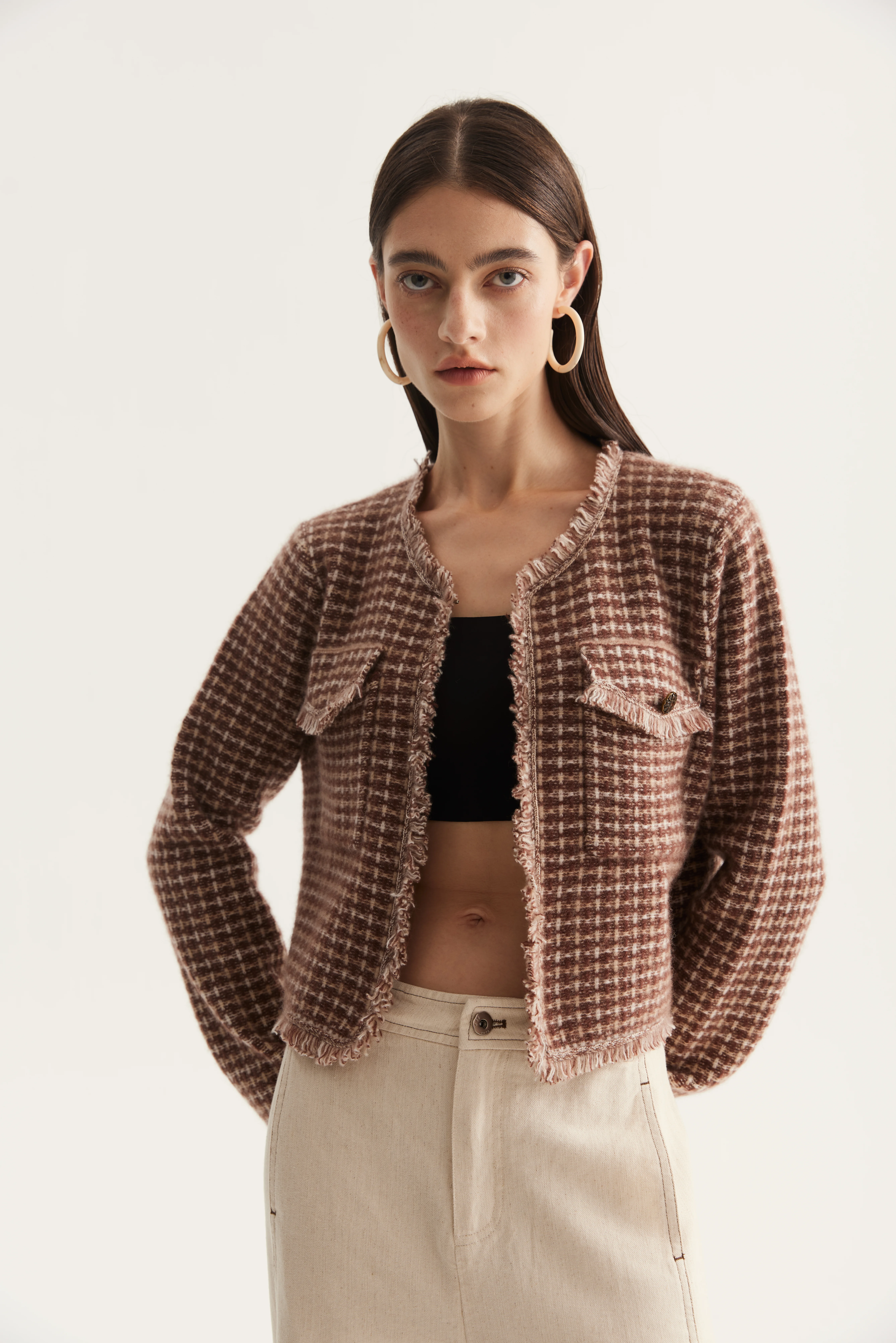 Collarless Contrast-Trim Cashmere Cardigan reference view 3