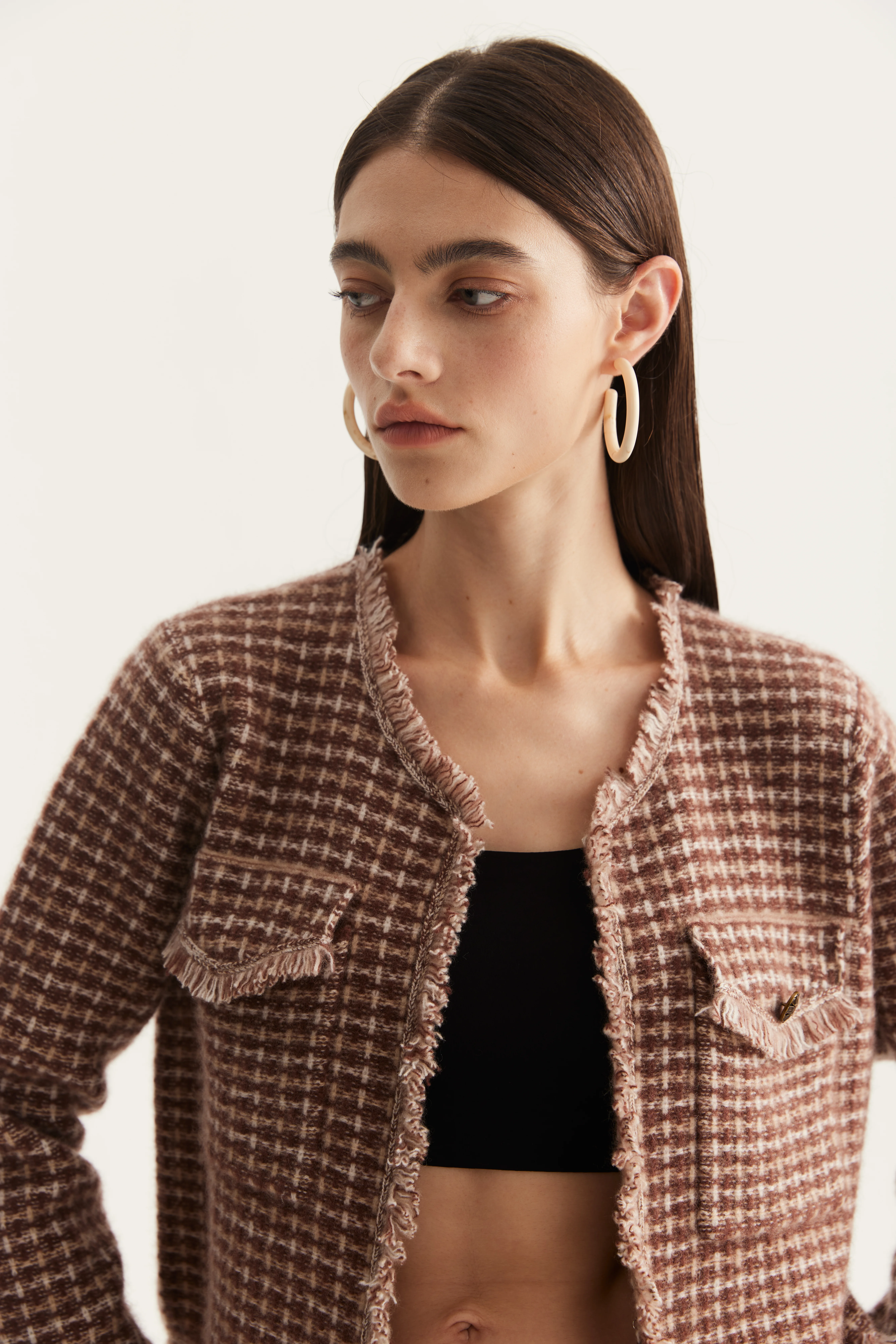 Collarless Contrast-Trim Cashmere Cardigan reference view 4
