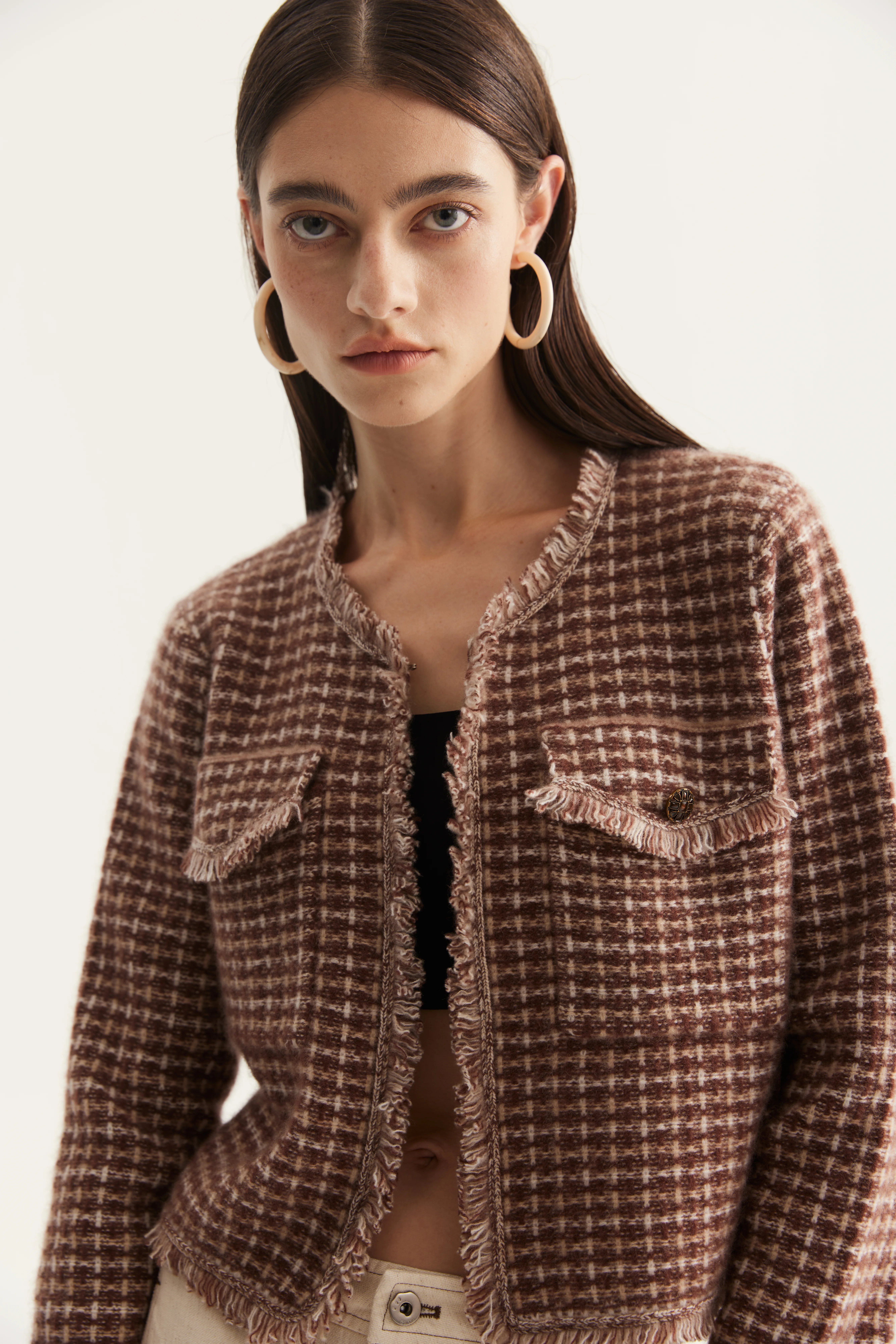 Collarless Contrast-Trim Cashmere Cardigan reference view 5