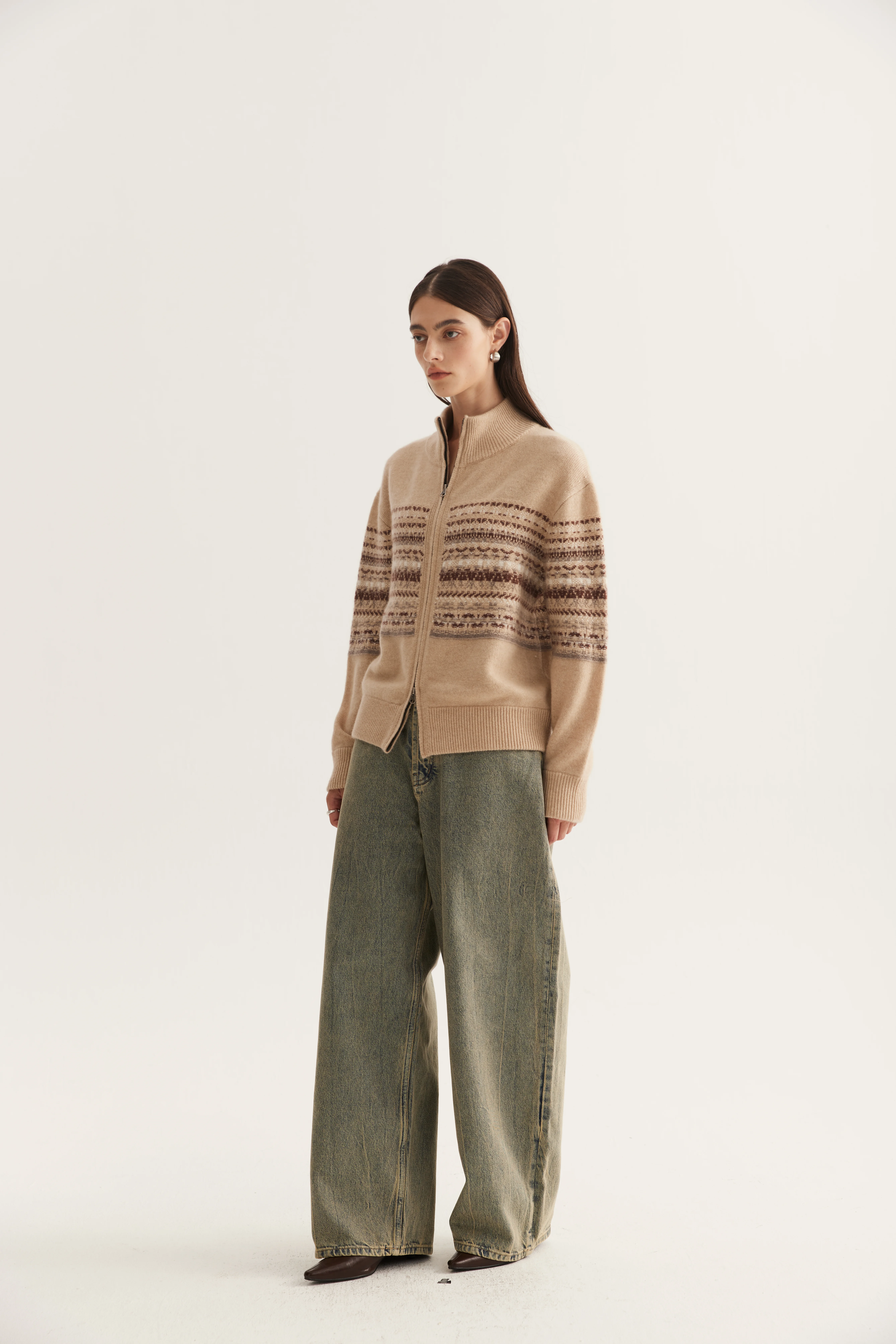 Knitted Colorwork Cashmere Zip Cardigan reference view 2