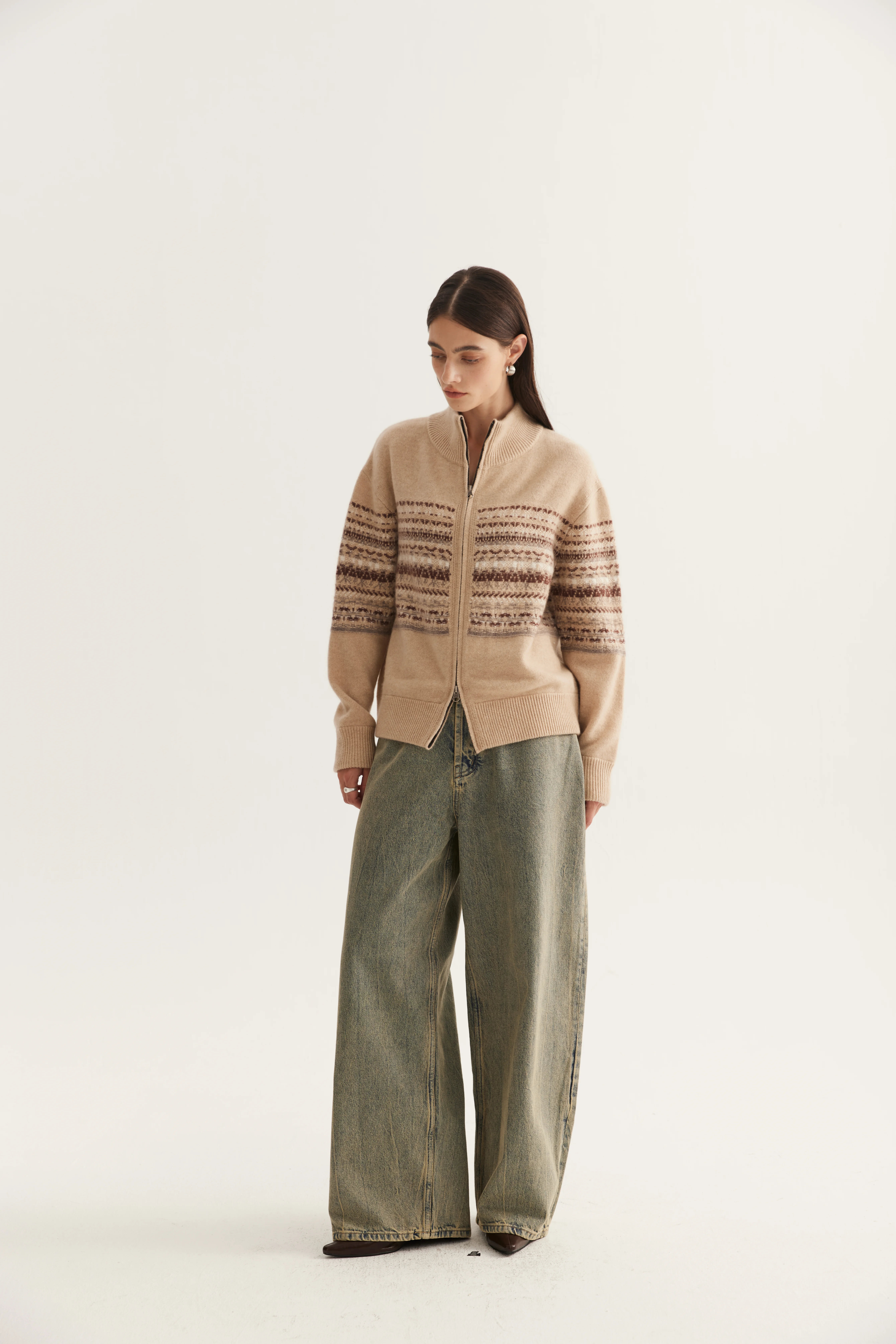 Knitted Colorwork Cashmere Zip Cardigan reference view 3