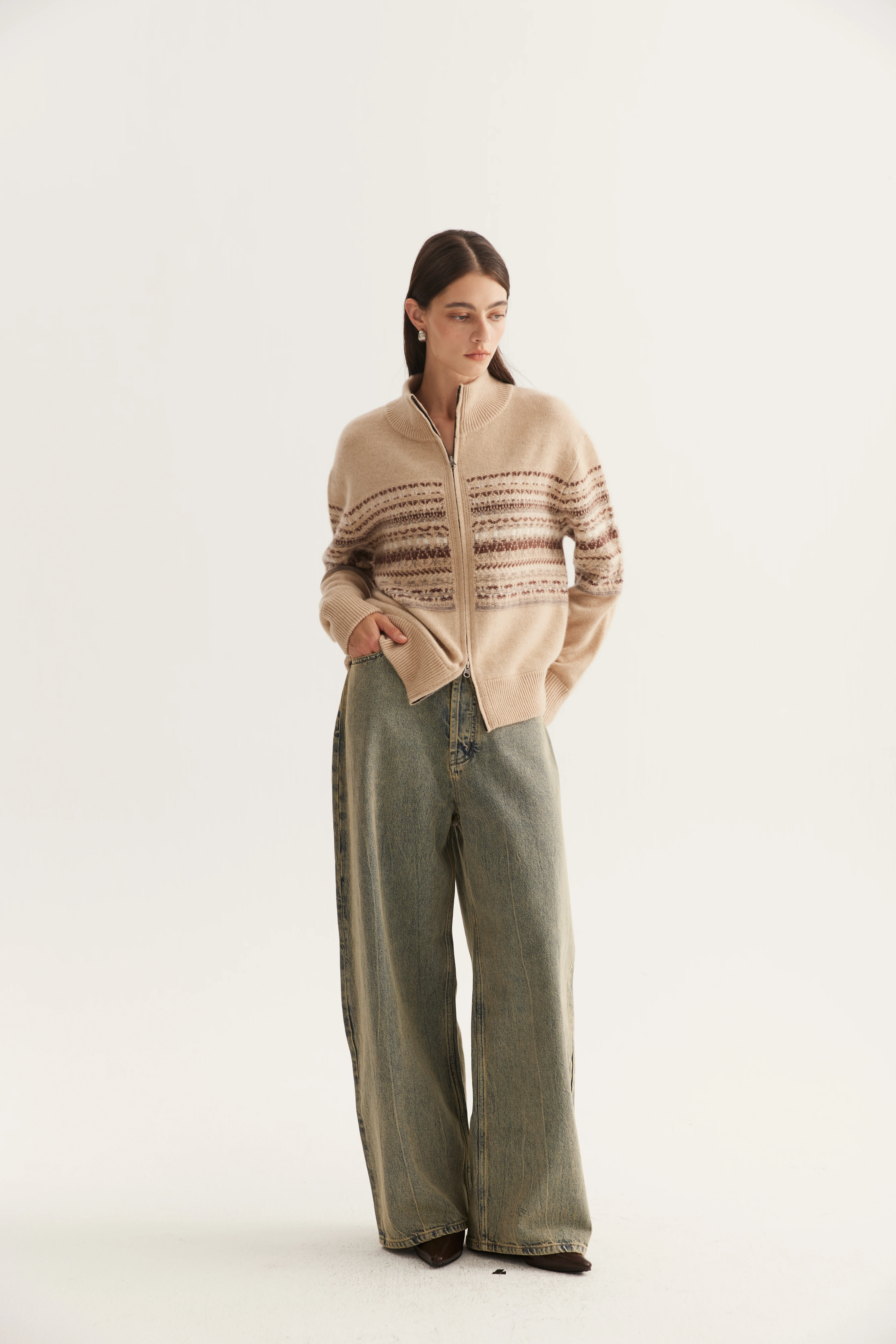 Knitted Colorwork Cashmere Zip Cardigan reference view 4