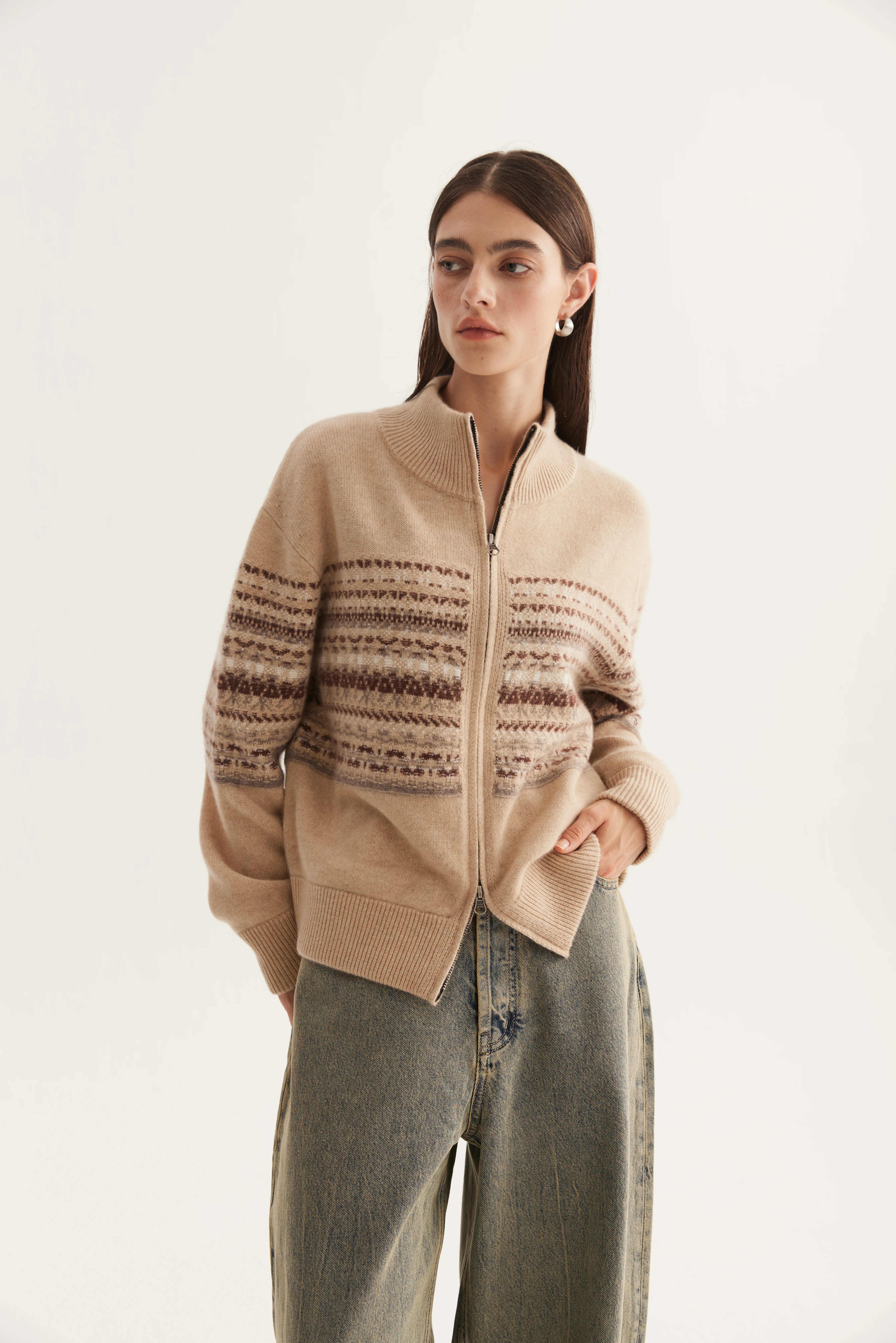 Knitted Colorwork Cashmere Zip Cardigan reference view 5